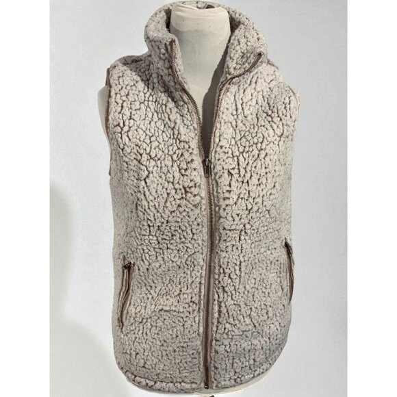 Thread & Supply Taupe Sherpa Fleece Vest Women’s Cozy Zip Front Size Small - Picture 3 of 9